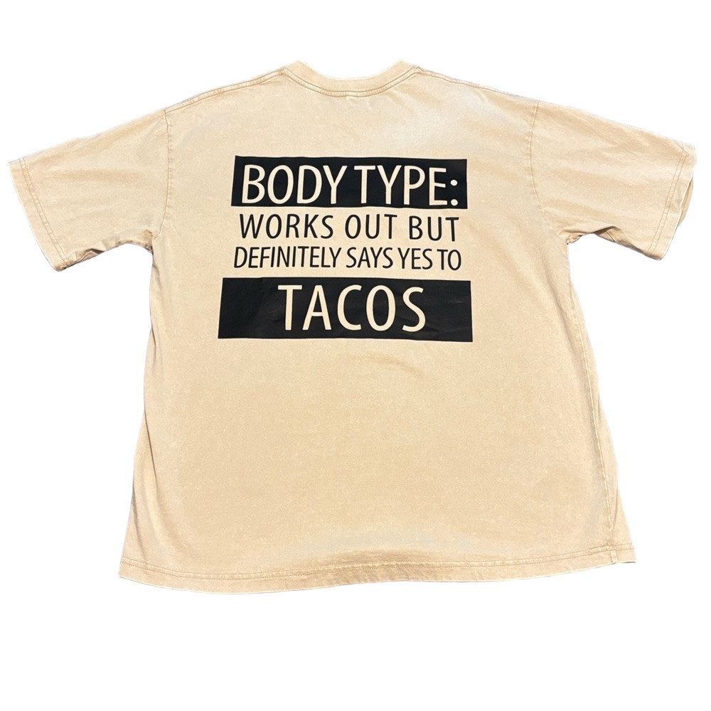 Body Type Works Out But Says Yes To Tacos Graphic Tee XL Funny Food Shirt - Picture 9 of 10